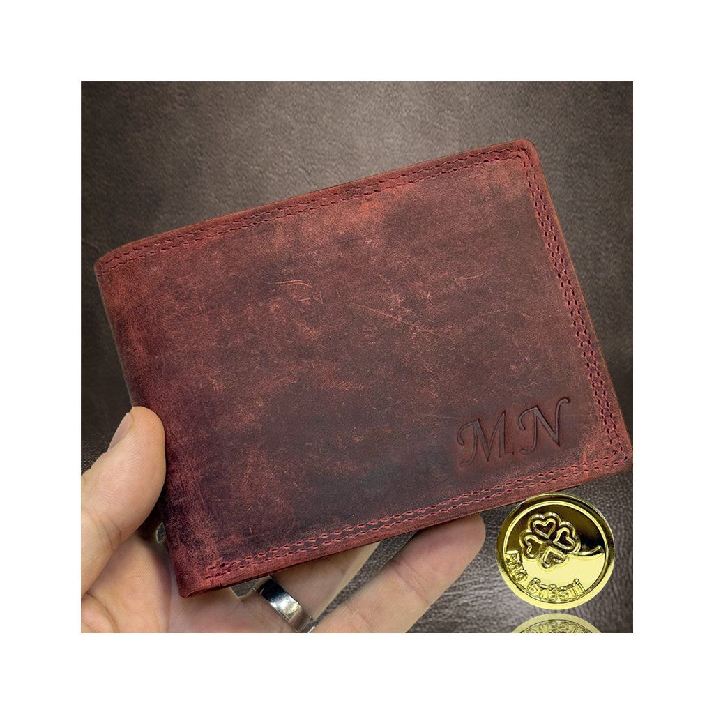 Vínová bordo kožená peněženka s ražbou monogramu